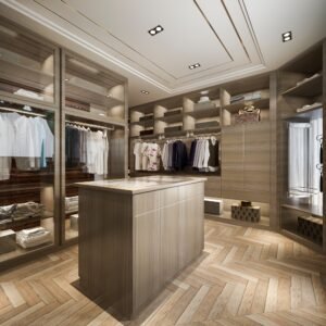 3d rendering minimal scandinavian wood walk in closet with wardrobe