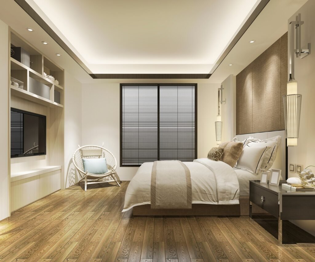 contemporary wood bedroom with built in bookshelf